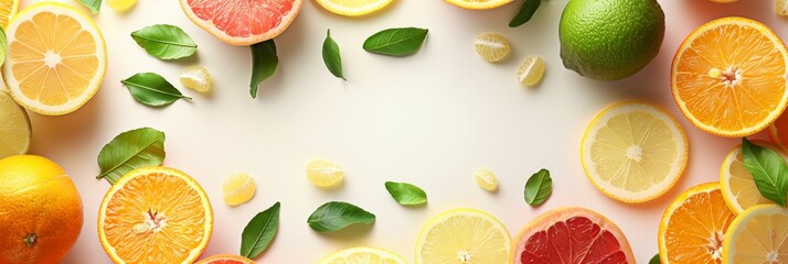 Vibrant citrus fruits background with copy space, top view on white, realistic and vivid stock photo