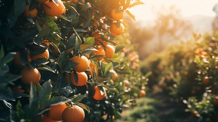 Generative AI : Orange trees with ripe fruits. ripe, nature, orange, agriculture, fruit, tree, juicy, plantation, sun, green
