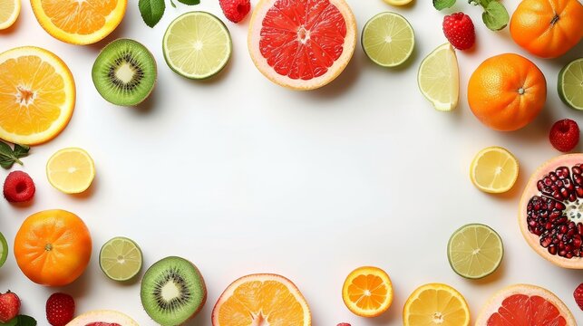 Top view of colorful fruits on white background for text placement, photorealistic stock photo