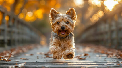 Yorkshire Terrier dog running on a wooden bridge in autumn