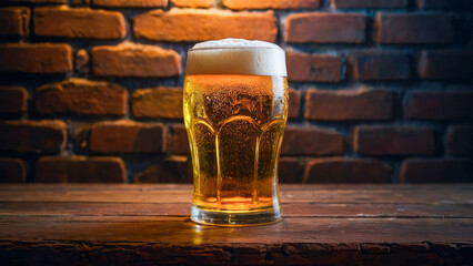 Glass of beer on a wooden table on the background - obrazy, fototapety, plakaty