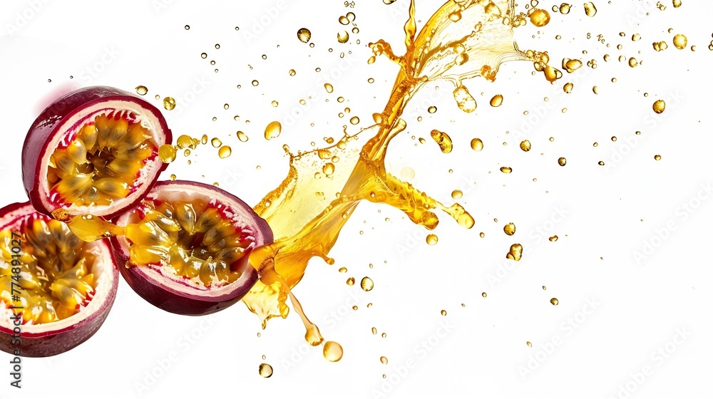 Poster generative ai : red passion fruit with passionfruit juice splash flying in the air isolated on white