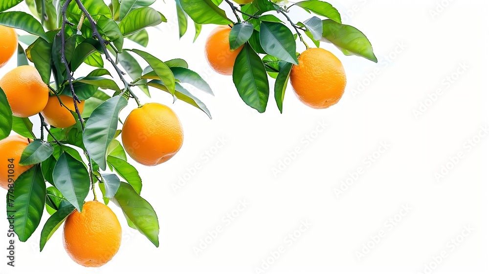 Poster generative ai : fresh orange fruit hang on tree branch with green leaves isolated on white backgroun