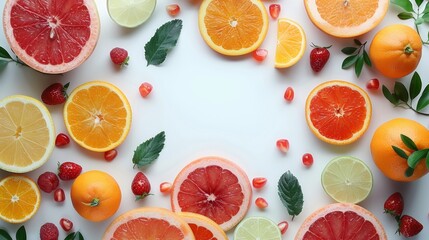 Colorful fruit background with text space   top view photorealistic stock photo on white background