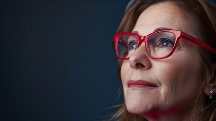 Generative AI : Middle age woman with red glasses close up portrait on dark background.