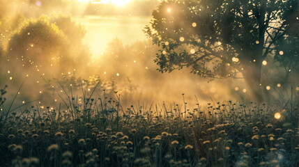 Dandelion meadow at sunrise in the mist. Selective focus.