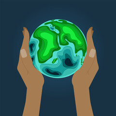 Vector design of human hands holding planet earth. The planet is made in cut paper style. View of the planet from space. Earth day, environment day. For travel companies
