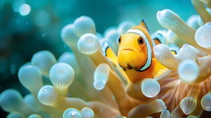 Fototapeta na wymiar Cute clownfish peeking from anemone home ai image