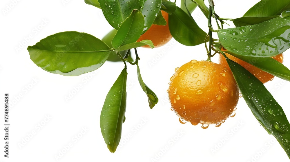 Poster generative ai : fresh orange fruit with water drops hang on tree branch with green leaves isolated o