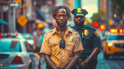Citizen Facing Authority: Portrait of a Man and Police - obrazy, fototapety, plakaty