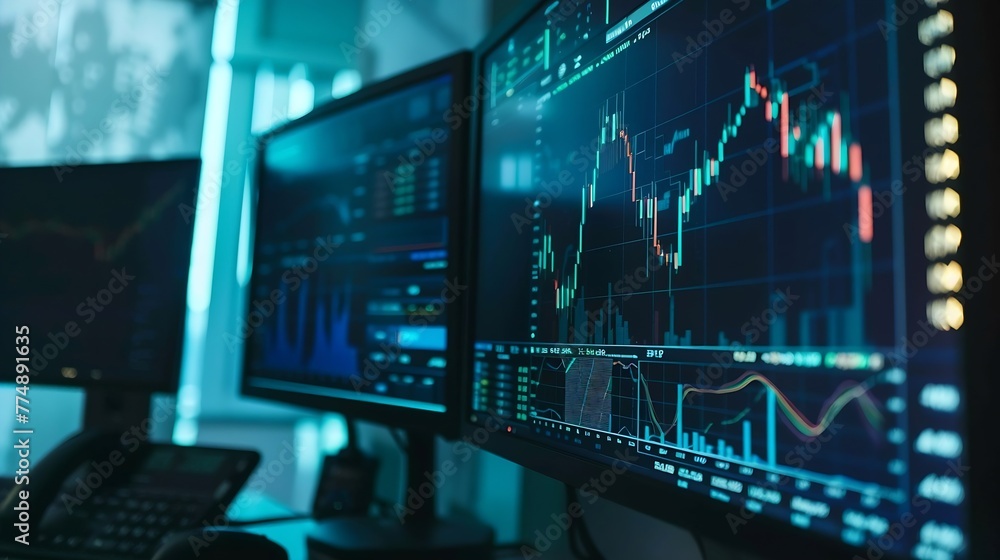 Poster Generative AI : Charts of financial instruments with various type of indicators including volume analysis for professional technical analysis on the monitor 