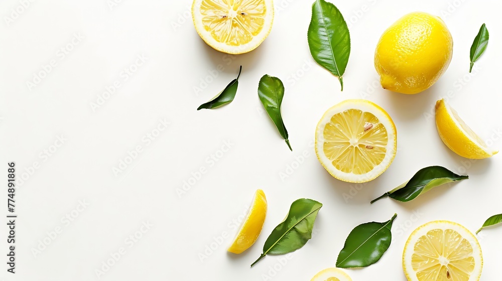 Poster generative ai : whole and half sliced lemon with green leaves isolated on white background. top view