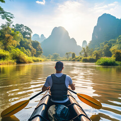 Asian Man Paddling Kayak Through the River of Mount - obrazy, fototapety, plakaty