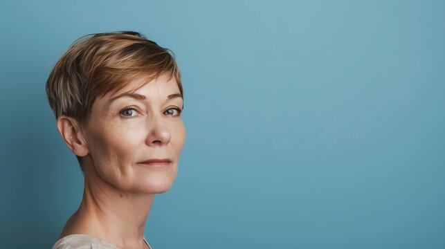 Generative AI : Middle aged woman with pixie haircut on blue background with copy space