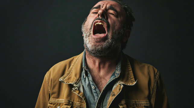 portrait of a yawning screaming man