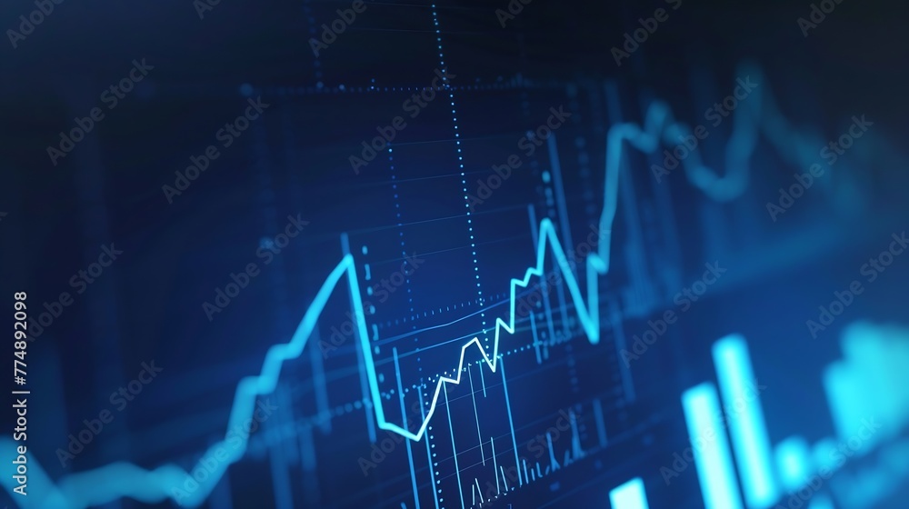 Fototapete Generative AI : Close up financial chart with line graph in stock market on blue color background