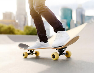 Person Riding Skateboard on City Street. Generative AI - obrazy, fototapety, plakaty