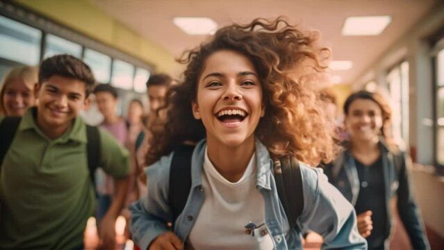 Teenager school kids running in high school hallway ,happy, smiling	