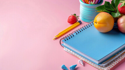 Back to school concept. A blue color notebook, yellow pencils and fruit snacks on pastel pink...