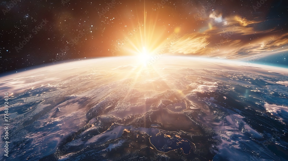 Aufkleber generative ai : panoramic view of the earth, sun, star and galaxy. sunrise over planet earth, view f