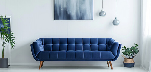 Sleek navy blue sofa against a contemporary white wall, embodying Scandinavian style.