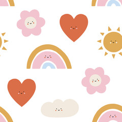 Vector seamless pattern with cute smiling sun, flower, rainbow, cloud and heart. Cute kids vector pattern for holiday design, Valentines day, fabric, nursery. Lovely baby background in flat style