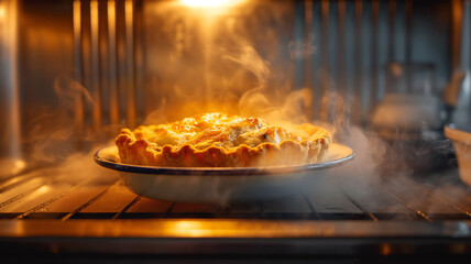 Professional shot of chicken pot pie with steam - obrazy, fototapety, plakaty
