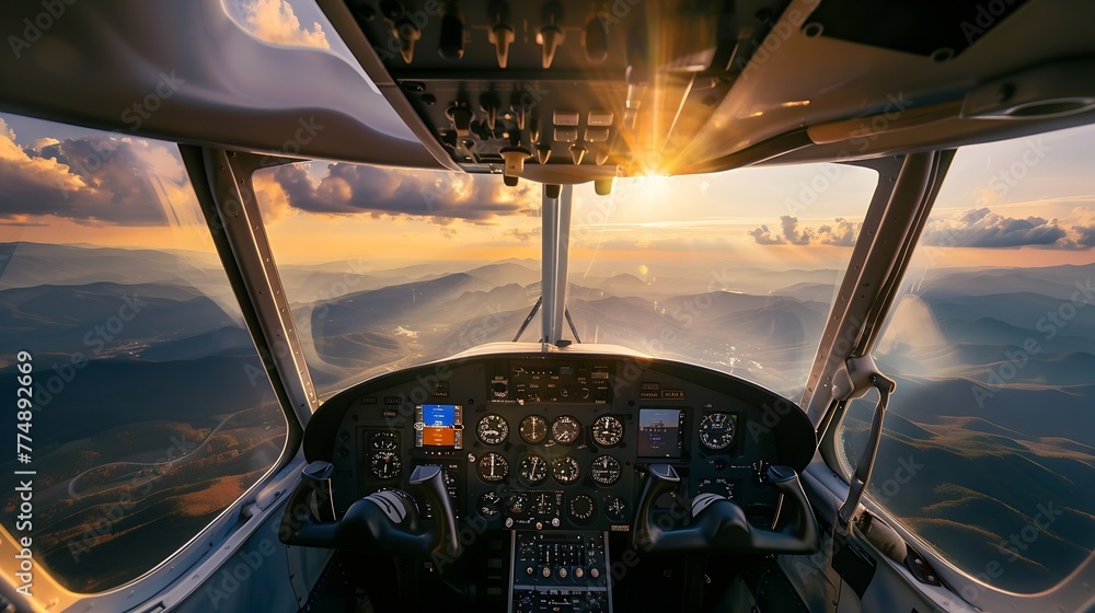Poster generative ai : aerial sunset view over the blue ridge mountains from the cockpit of a private aircr