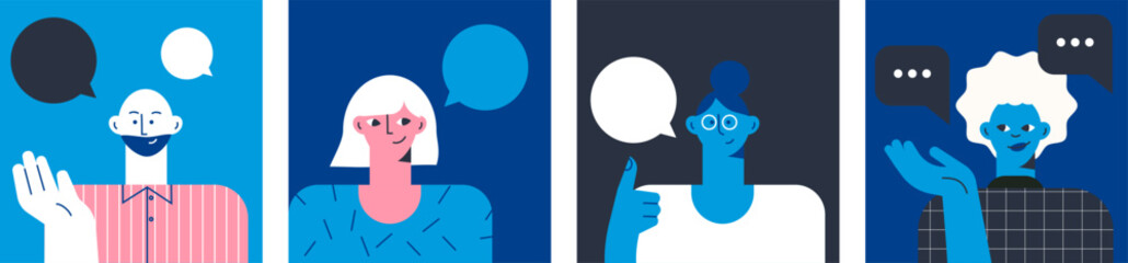 Man and woman with a blank empty speech bubble icons set. Expressing opinion, communication concept. Portrait of talking and saying people. Flat vector illustration in blue. Cartoon style characters  - 774892604