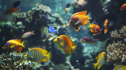 Naklejka na ściany i meble Lively tropical fish shoal swims joyfully amidst vibrant coral reef ai image