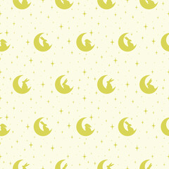 Colorful Easter bunnies seamless vector pattern. Beige simple background with young moon. - 774892838