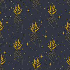 Eco production seamless pattern illustration. Hand holding plant branch. - 774892846