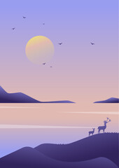 Silhouette of deer standing in spring dusk seaside. Magical morning landscape, deer couple illustration - 774892863