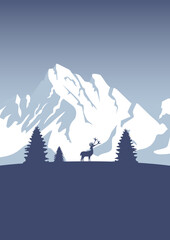 Alps Mountain landscape wildlife illustration. Minimalist Pyrenees view with forest and deer poster. - 774892871