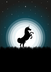 Magic unicorn silhouette standing in spring dusk meadow. Misty landscape, full moon and horse - 774892884
