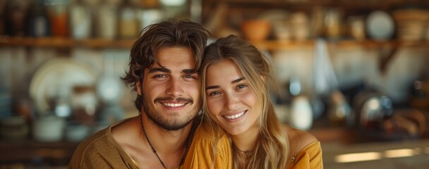 Happy young couple smiling at the camera in a cozy home.