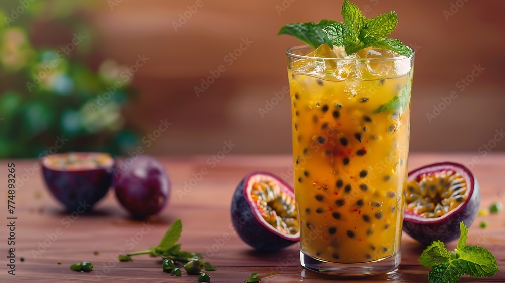 Poster generative ai : refreshing passion fruit drink with mint and vodka.