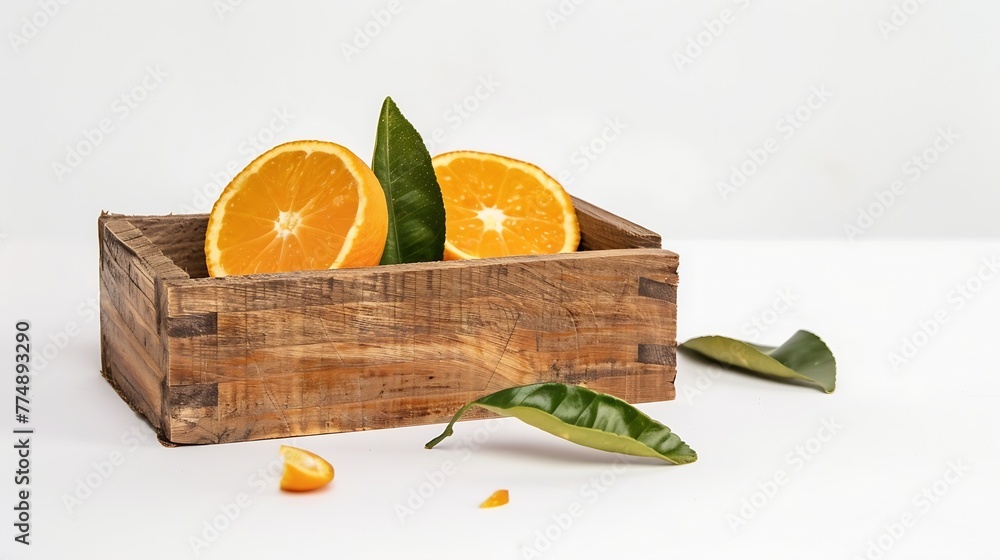 Poster generative ai : orange fruit with half slice and green leaves in wooden box isolated on white backgr