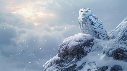 Snowy owl on arctic tundra rock in vibrant pastel winter scene, blending seamlessly with landscape