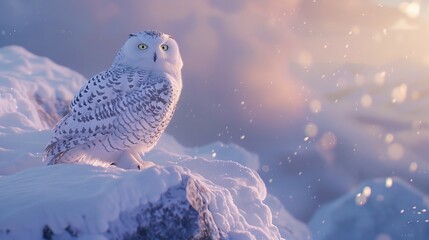 Snowy owl on snowy rock in arctic tundra with vibrant pastel colors and gloomy lighting