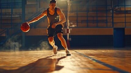Generative AI : Basketball player in action with a ball isolated on white background. Dribbling