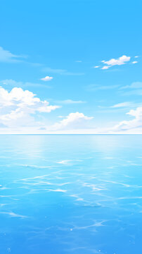 Cartoon lake scenery illustration under blue sky
