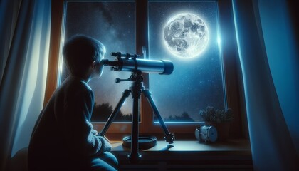 A child looking out the window through a telescope at the night sky with the moon. Cosmonautics Day. World of childhood, Children's Day, orphanage - obrazy, fototapety, plakaty