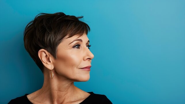 Generative AI : Middle aged woman with pixie haircut on blue background with copy space