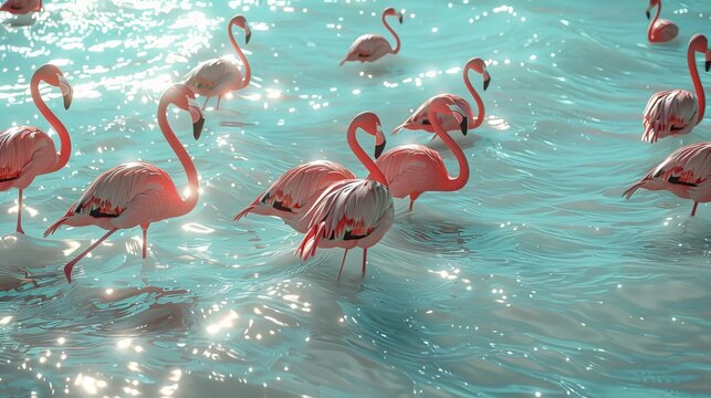 Elegant flamingos wading in lagoon, vibrant pink feathers against blue water, photorealistic style
