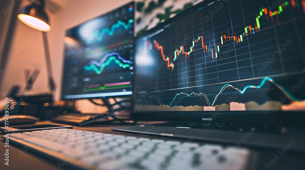Aufkleber Generative AI : Charts of financial instruments with various type of indicators including volume analysis for professional technical analysis on the monitor 