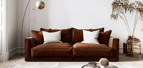 Chocolate brown velvet sofa, a timeless choice, adding warmth to a minimalist Scandinavian interior...