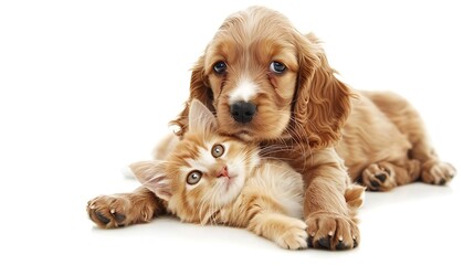Generative AI : Curious English cocker spaniel puppy dog hugs kitten. Pets look away and up together on empty space. 