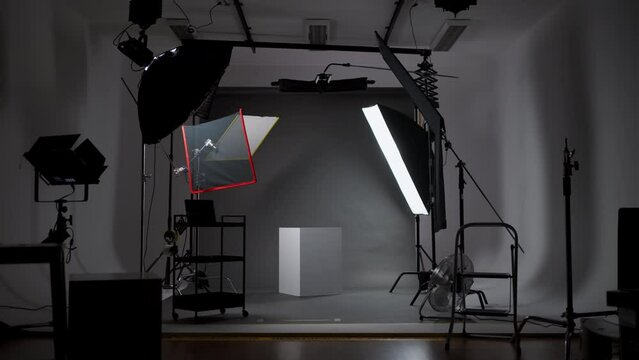Professional light turning in modern photo studio with octaboxes and professional photo camera