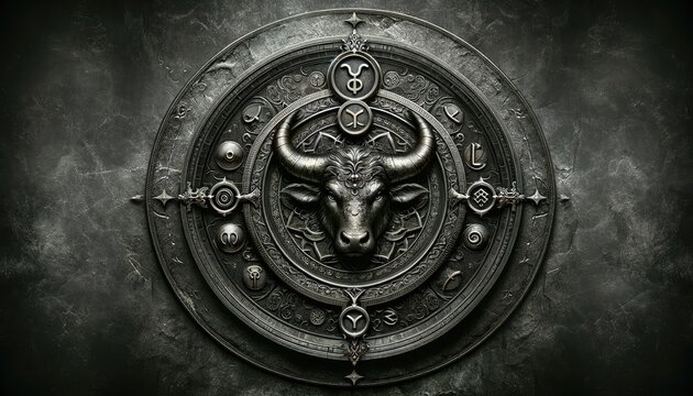 A detailed artistic depiction of a bull's head with mystical astrological symbols on a textured dark background.